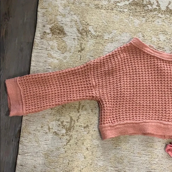 Free People Chunky Waffle Knit Sweater Lace Up Back Cropped Oversized Pink XS - Picture 5 of 9